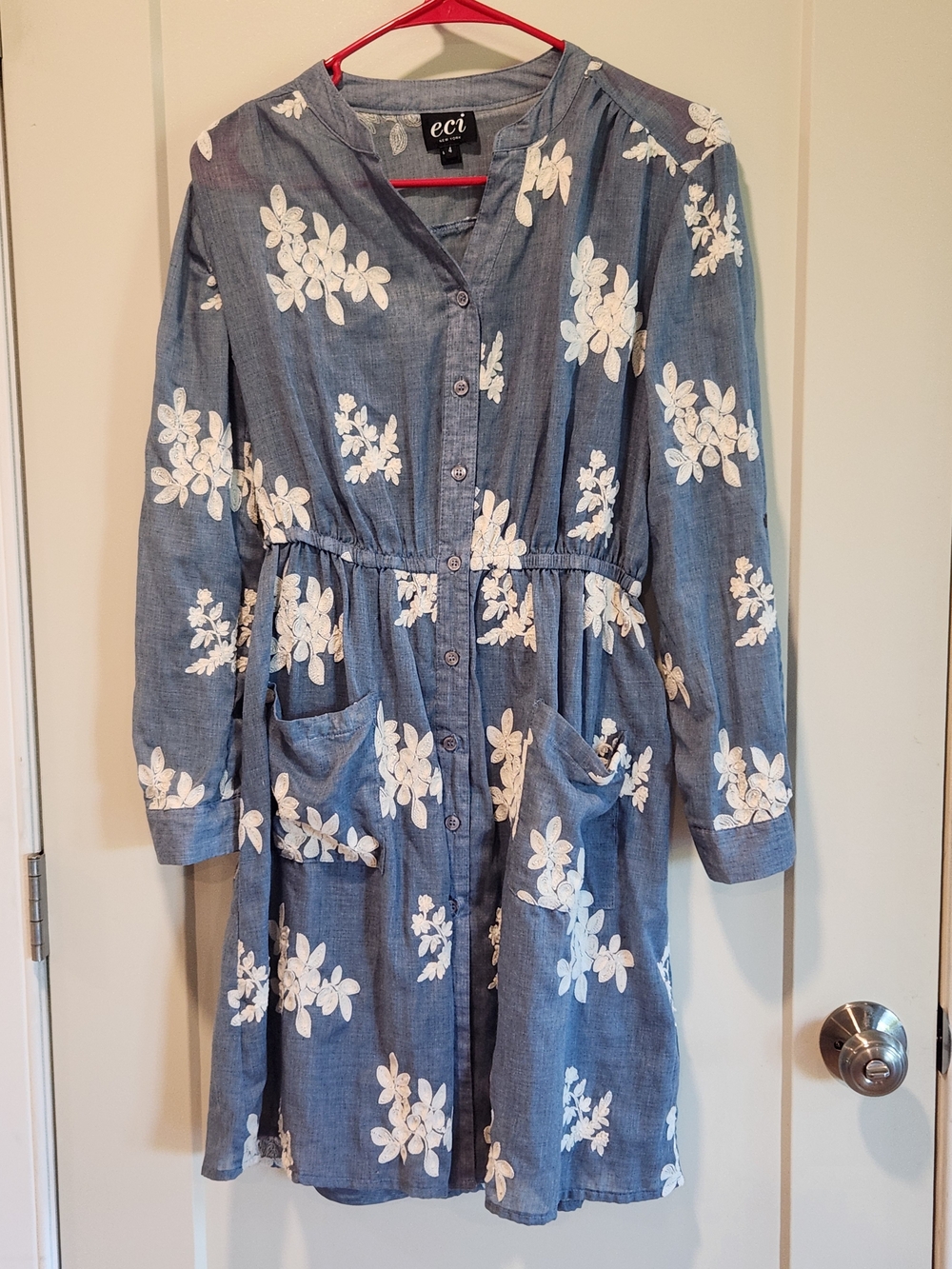 Beige by ECI Blue Chambray Floral Embroidered Shirt Dress Size 4